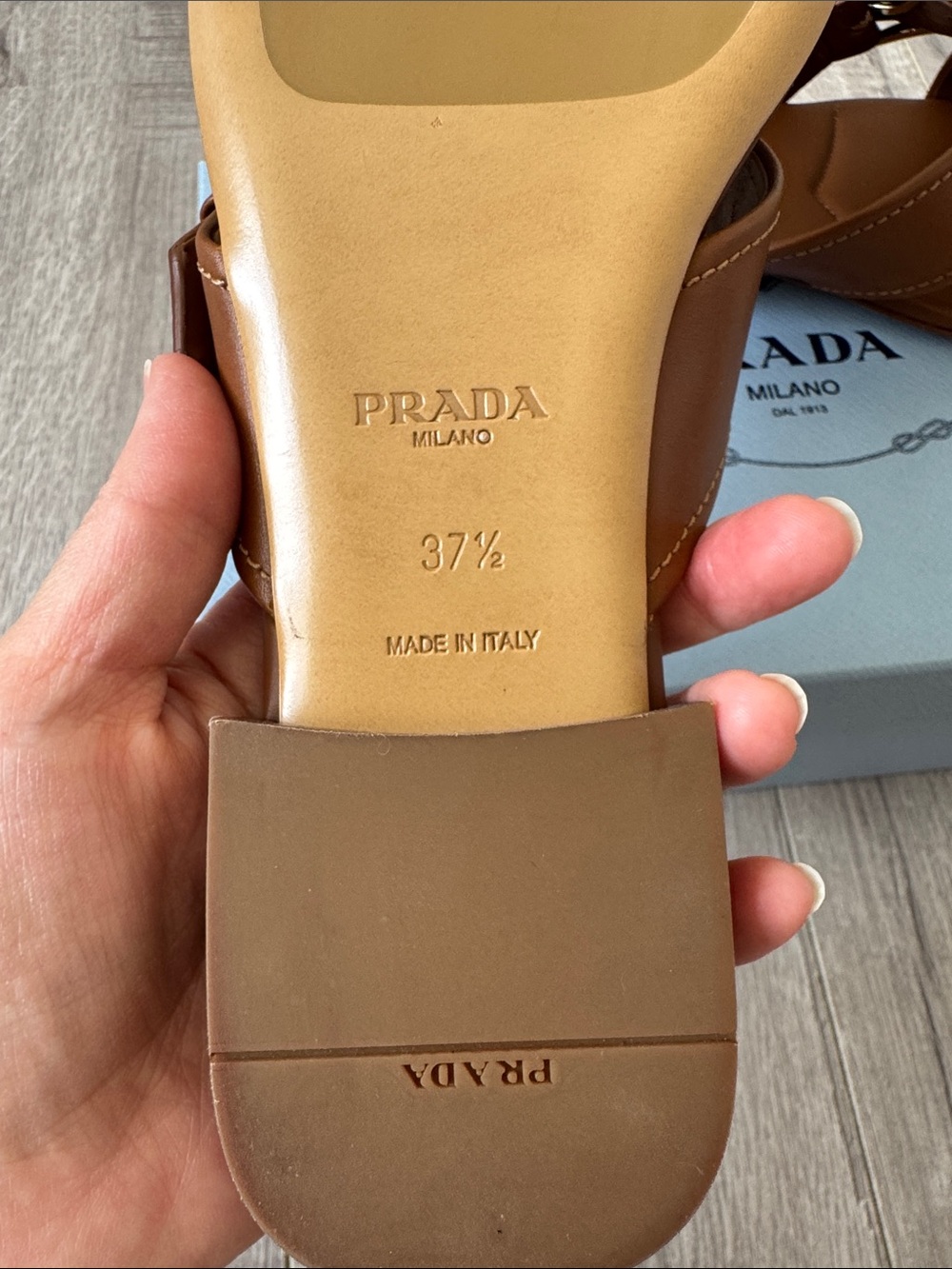 Prada Crisscross Leather Slide Sandals Brown Gold Logo Buckle 37.5 NWT - Picture 11 of 13